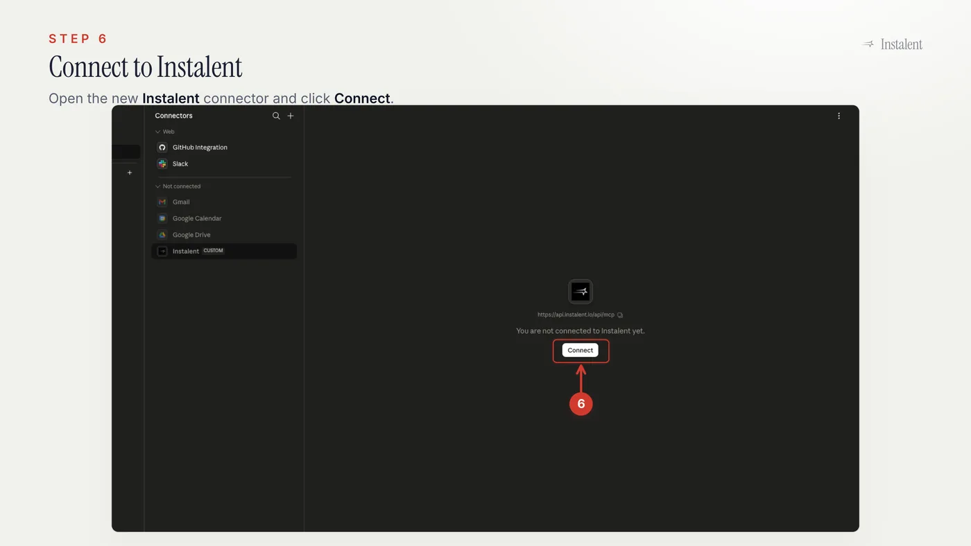 Claude connector details screen for Instalent with the Connect button highlighted.