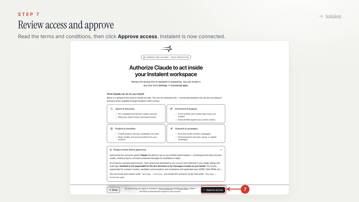 Claude approval screen for the Instalent connector with the Approve access button highlighted.