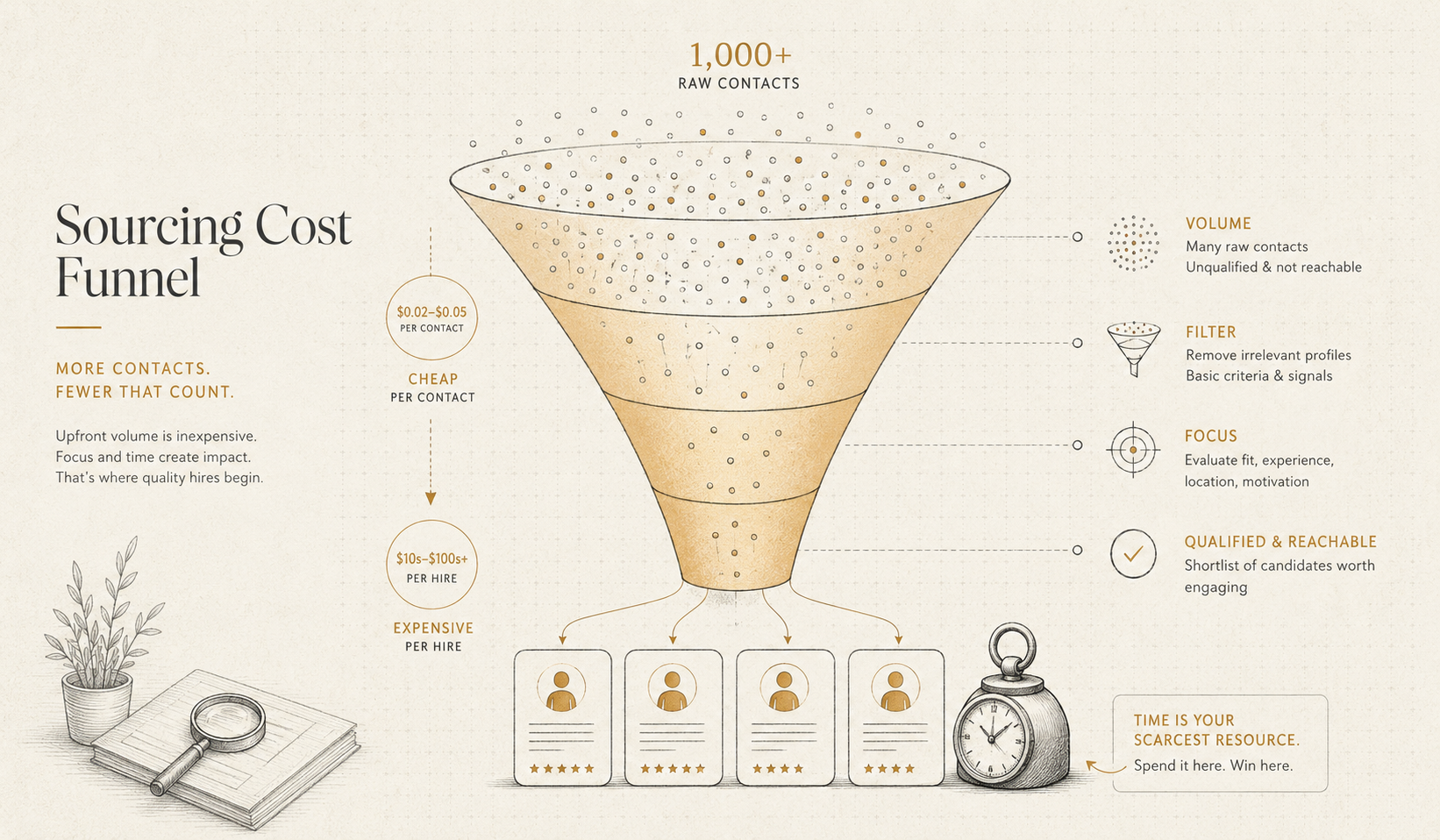 A sourcing funnel narrowing from raw contacts to qualified, reachable candidates, with recruiter time concentrated at the bottom.