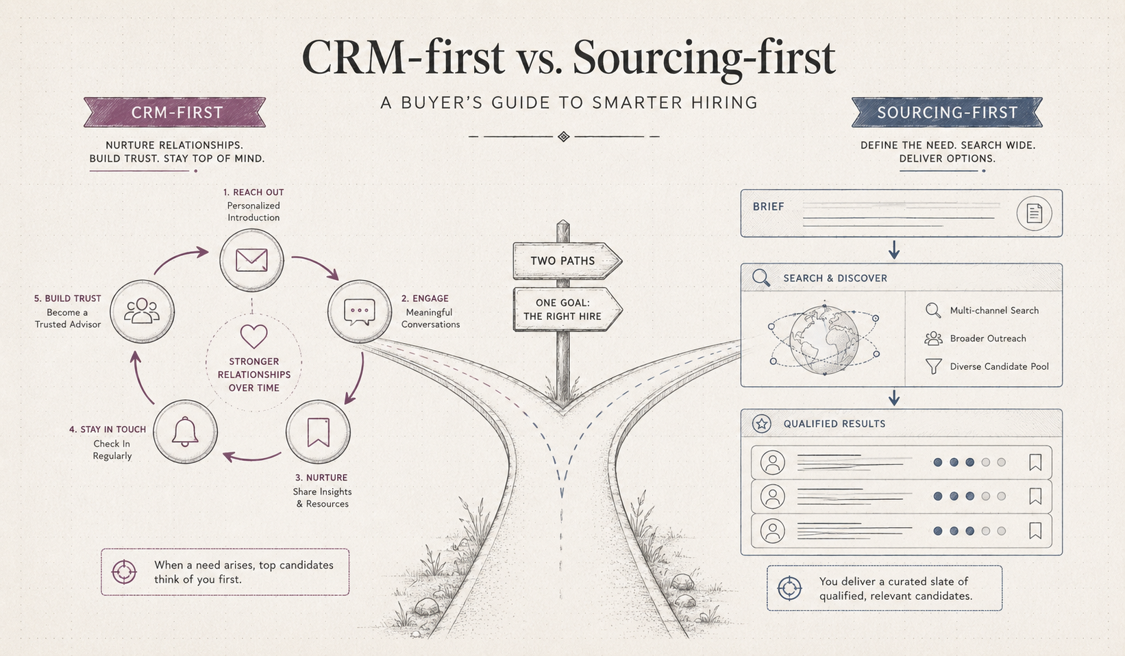 A simple split showing CRM-first nurture work on one side and sourcing-first search work on the other.