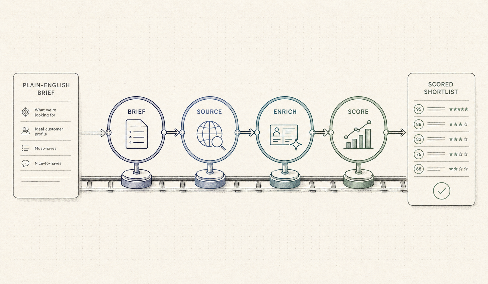 A single pipeline turning a plain-English brief into a ranked, enriched, scored shortlist.