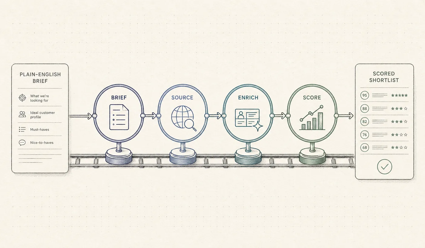 A single pipeline turning a plain-English brief into a ranked, enriched, scored shortlist.