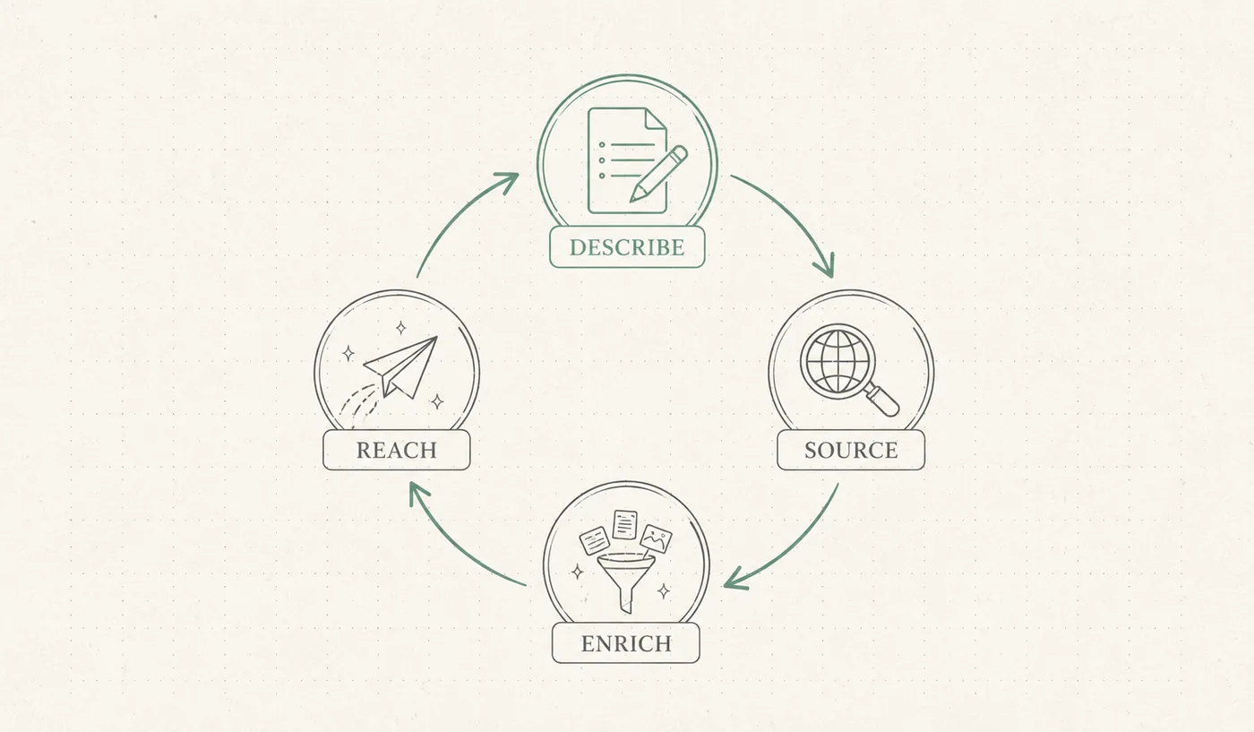 A four-step loop: describe the work, source across signals, enrich contacts, personalize outreach.