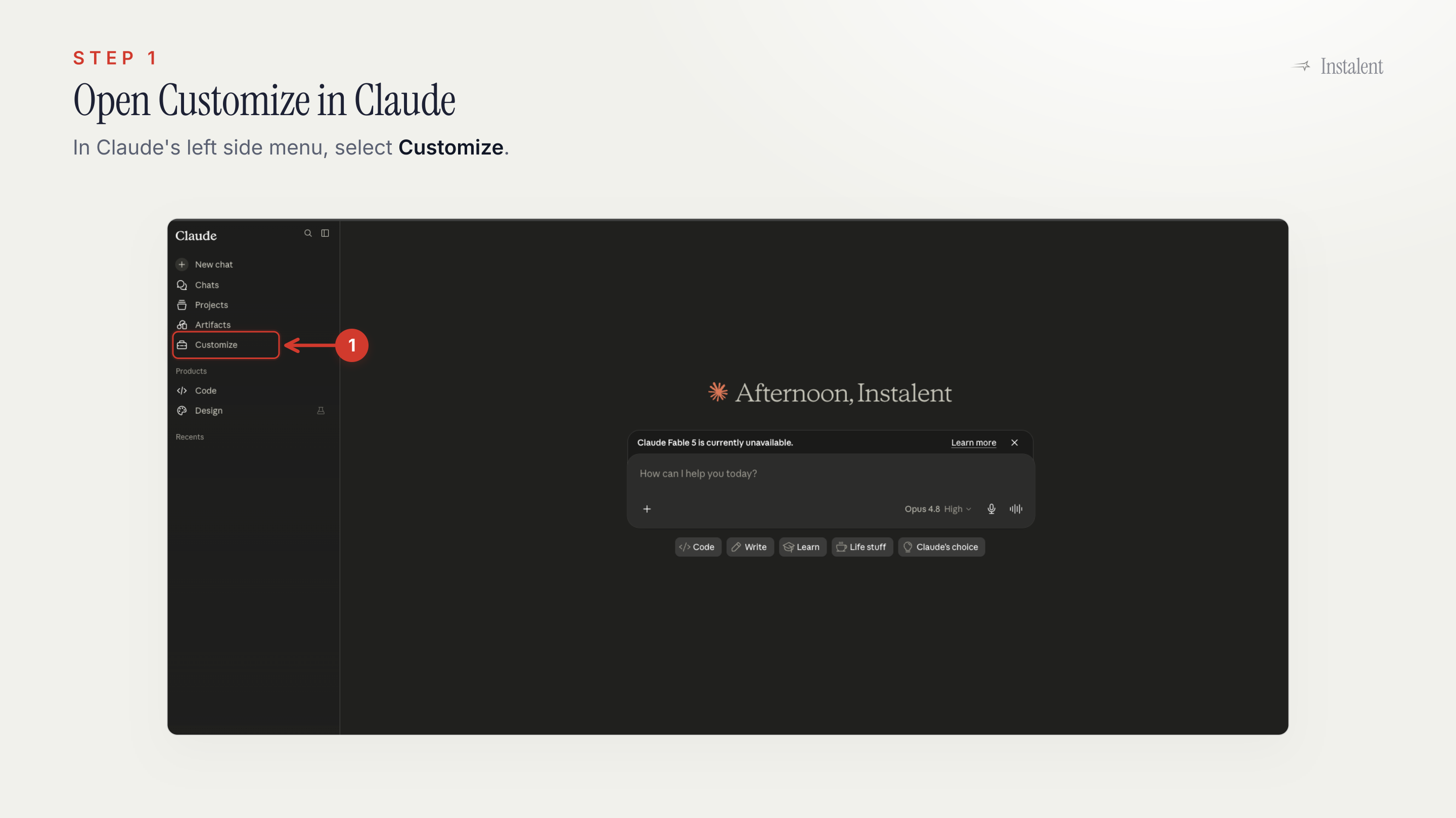 Claude left sidebar with the Customize menu item highlighted for installing an Instalent skill.