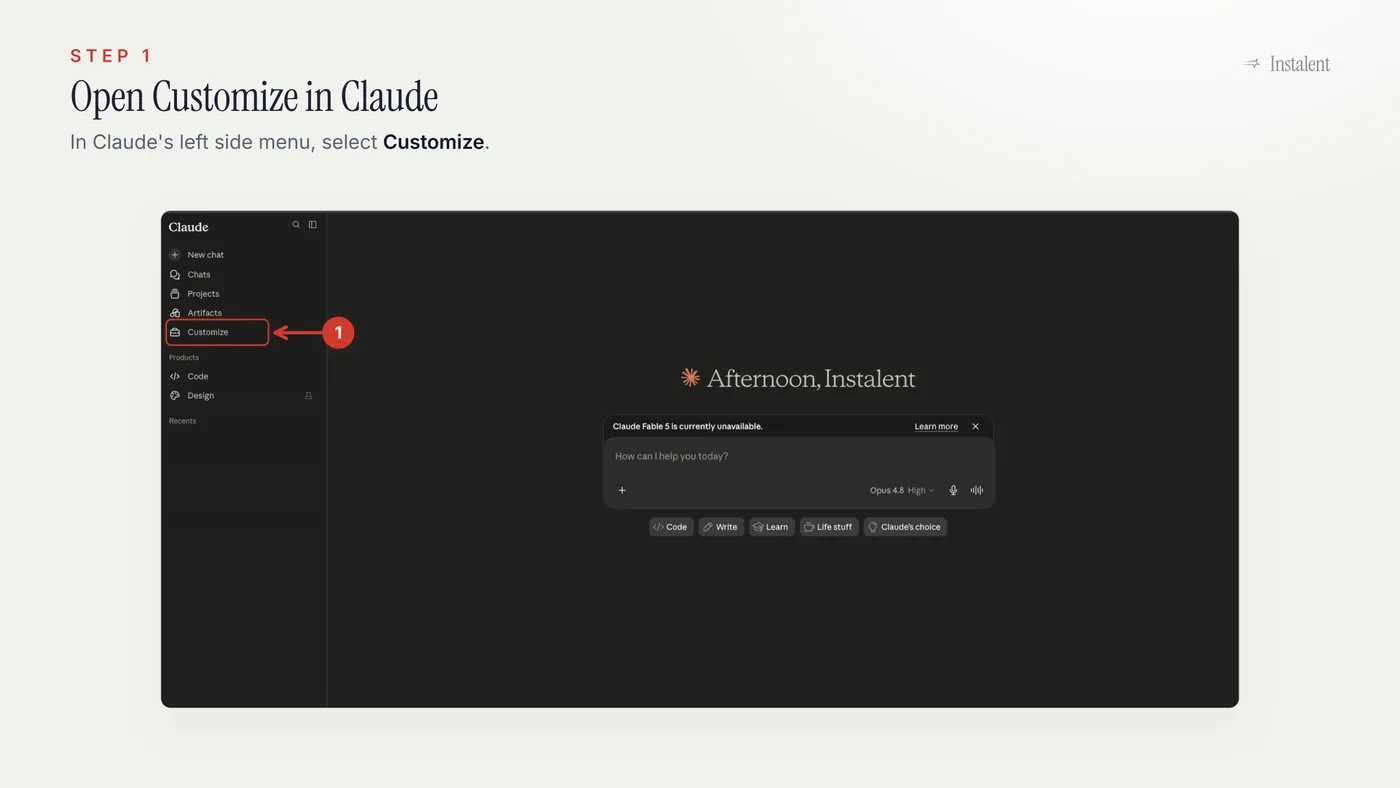 Claude left sidebar with the Customize menu item highlighted for installing an Instalent skill.