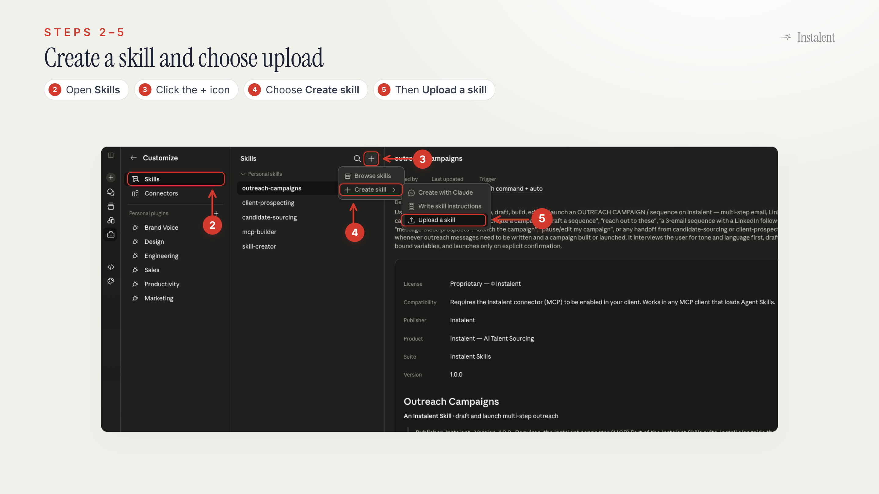 Claude Skills screen showing the plus button, Create skill, and Upload a skill options highlighted.