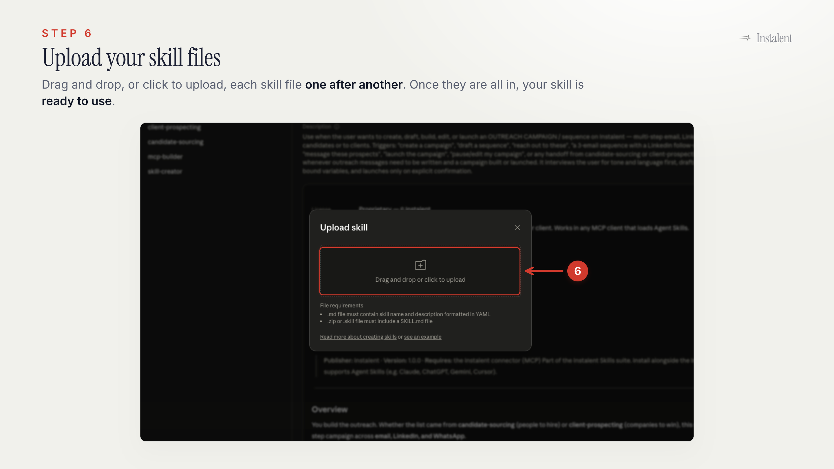 Claude upload skill dialog with an Instalent skill zip file being dragged in to install it.
