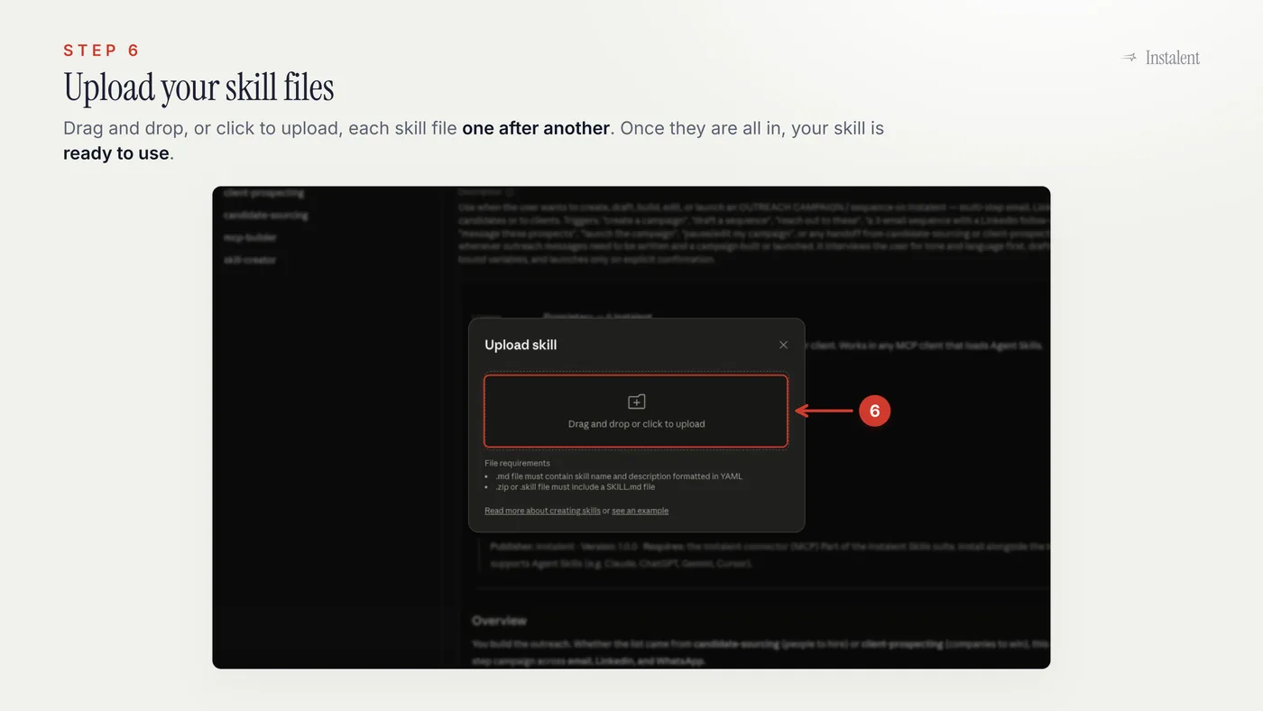 Claude upload skill dialog with an Instalent skill zip file being dragged in to install it.