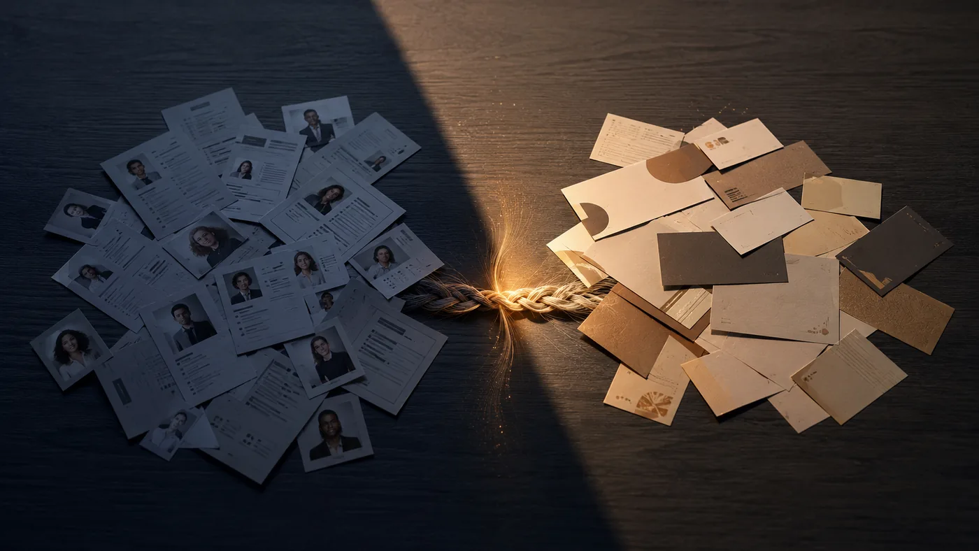 Two funnels, client prospecting and candidate sourcing, merging into a single AI agent workflow