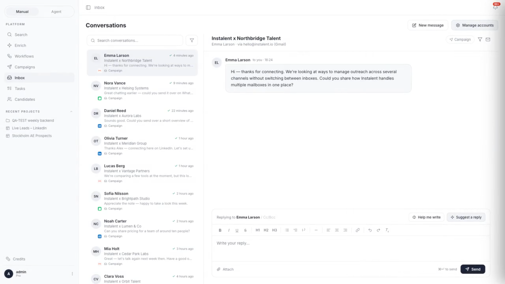The Instalent unified inbox: one conversation list with a channel badge on each thread, every thread tagged to its campaign, and a reply composer with Help me write and Suggest a reply.