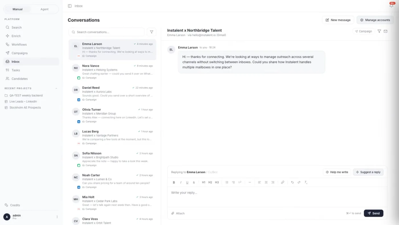 The Instalent unified inbox: one conversation list with a channel badge on each thread, every thread tagged to its campaign, and a reply composer with Help me write and Suggest a reply.