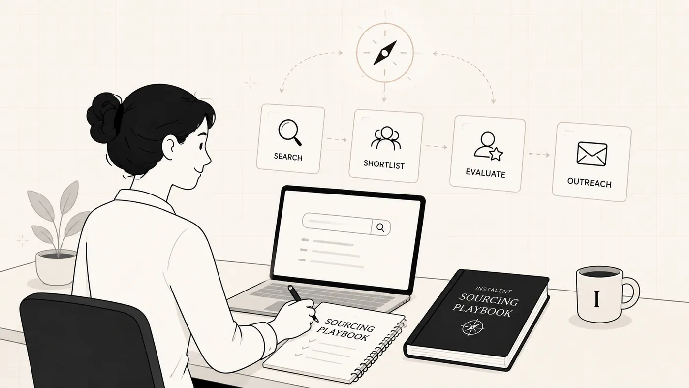 The structured sourcing flow taught in the playbook: search, shortlist, evaluate, and outreach - guided by a clear definition of what good looks like.