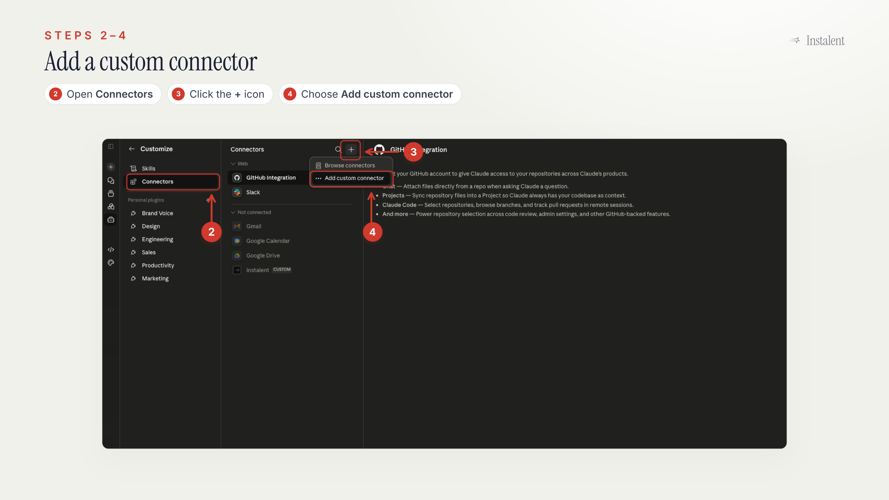 Claude Connectors screen showing the plus button and Add custom connector option highlighted.