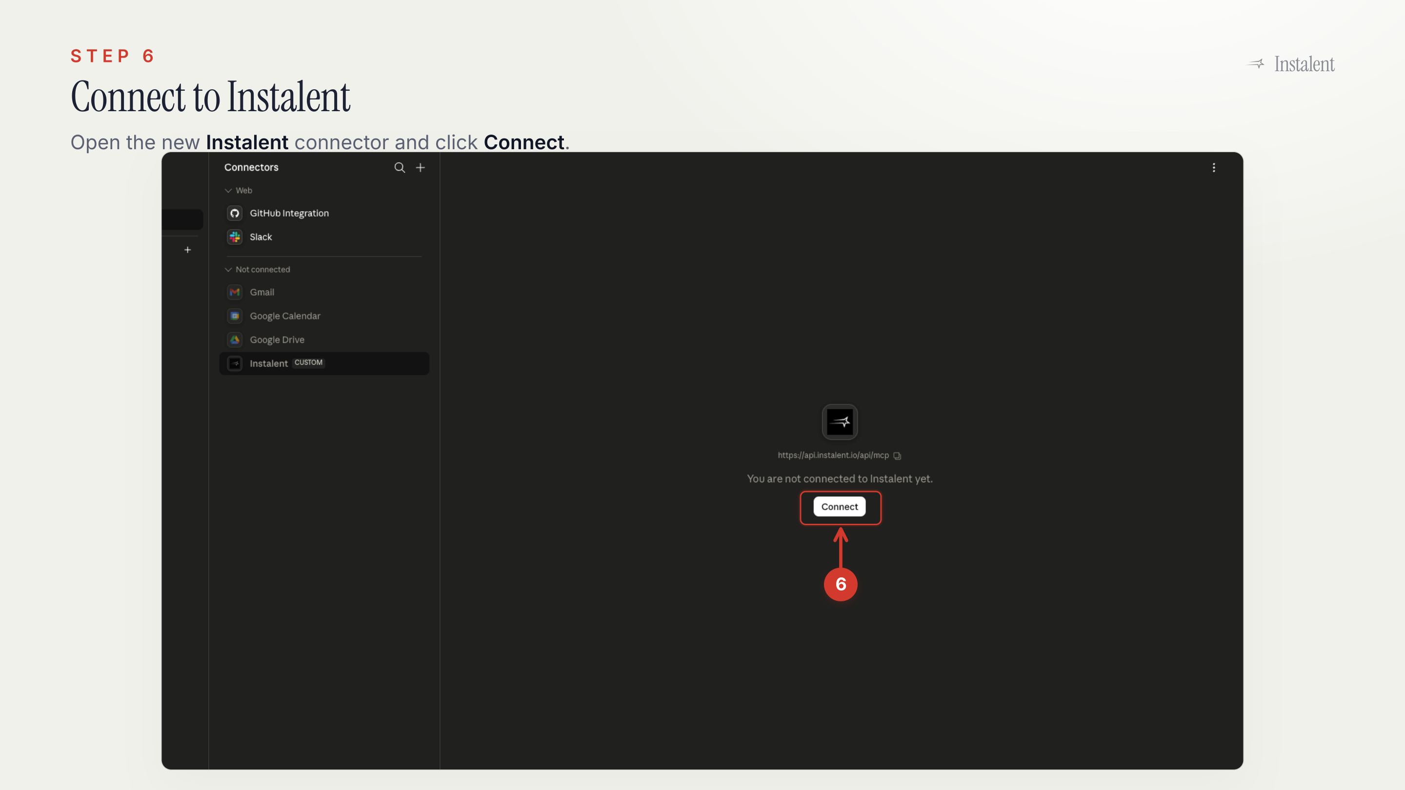 Claude connector details screen for Instalent with the Connect button highlighted.