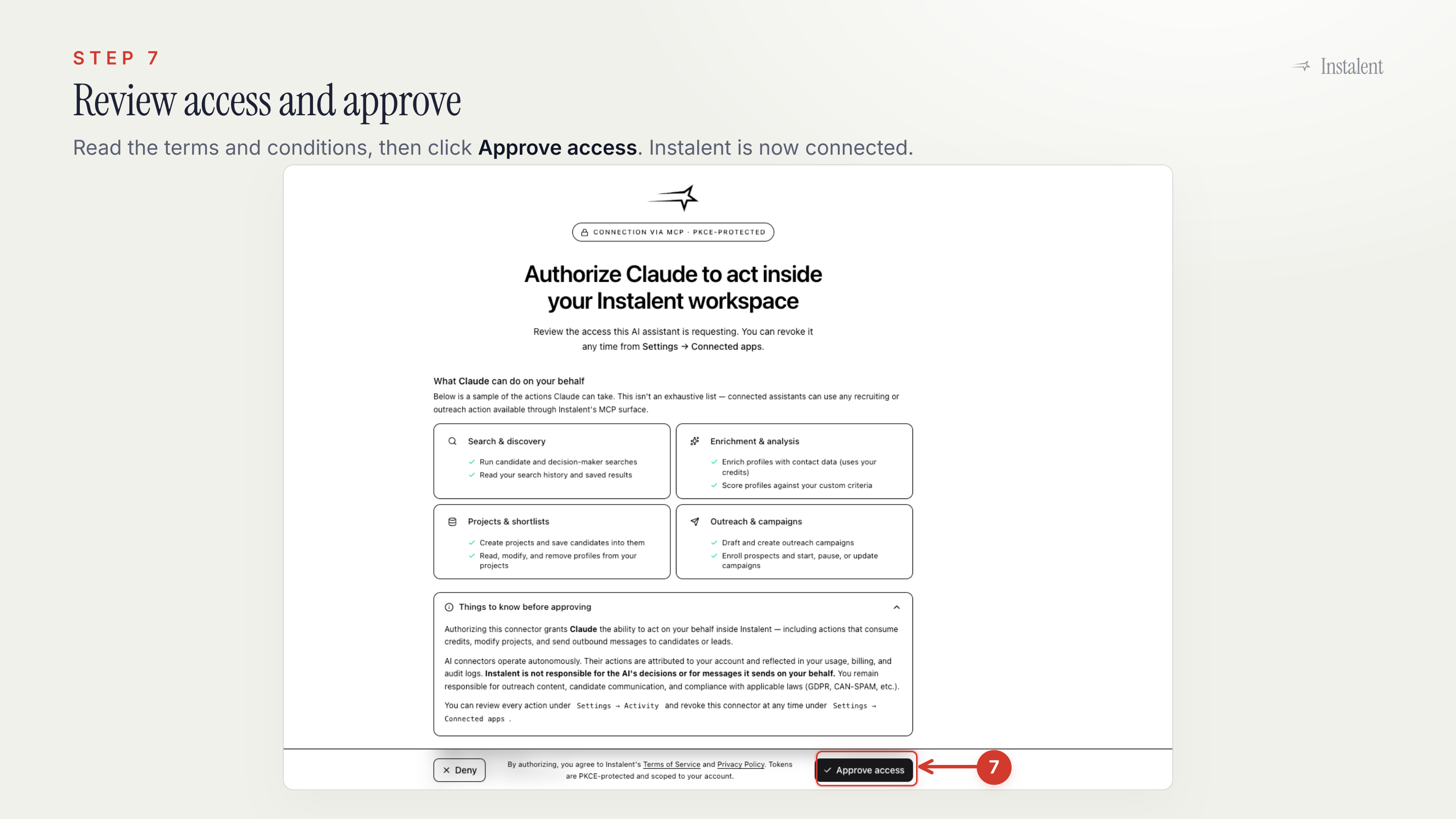 Claude approval screen for the Instalent connector with the Approve access button highlighted.