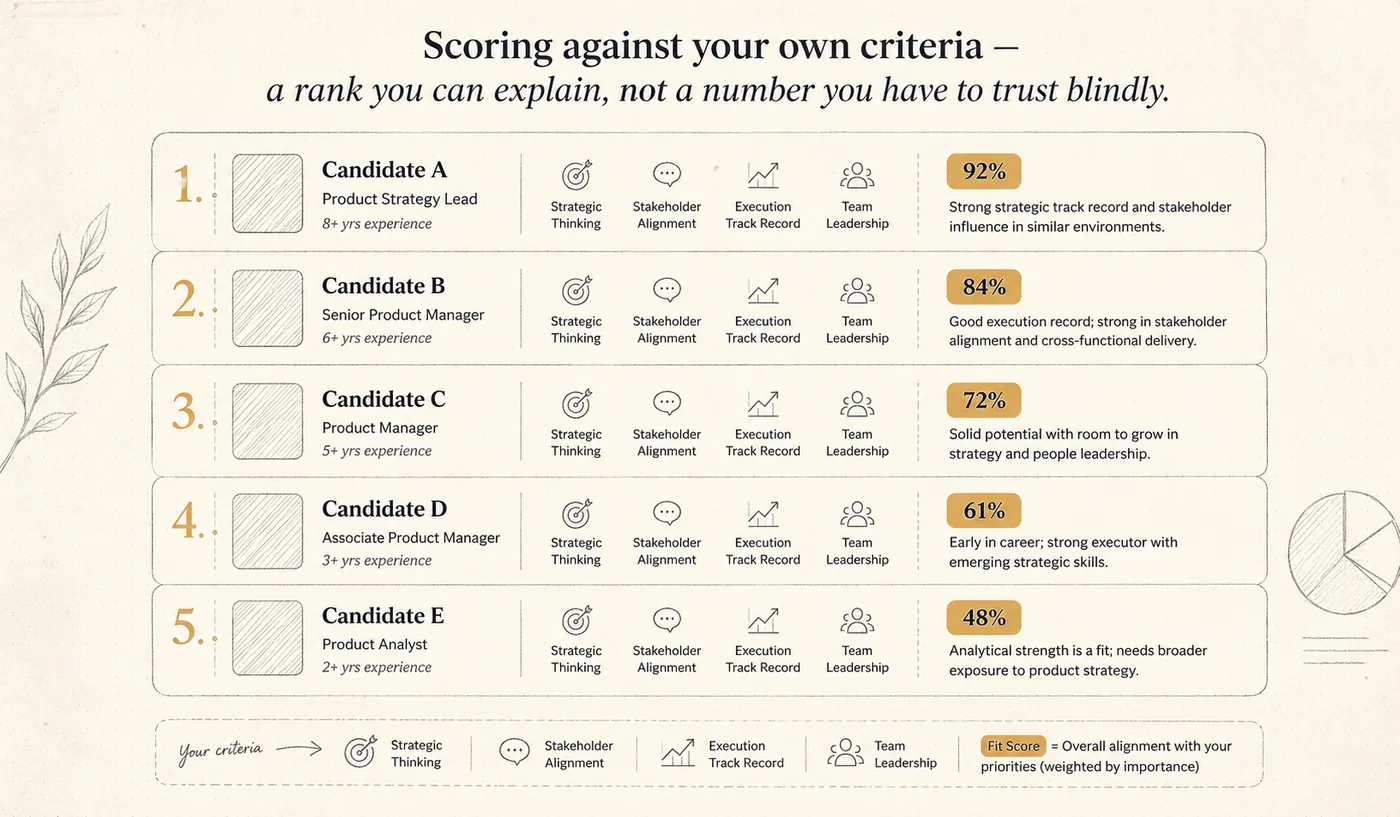 A shortlist of generic, anonymized candidate cards ranked by fit score with short rationales.